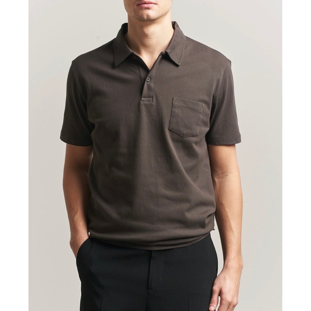 Prana Mens Short Sleeve Polo Shirt Charcoal Gray Brown Pique Pocket Top Medium